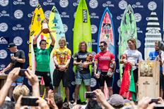 Kai Lenny of Hawaii (pictured) won the final of the Puerto Escondido Challenge in 20-25 foot face waves defeating Jamie Mitchell of Australia (pictured in yellow), Tom Lowe of GBR (pictured in black), Billy Kemper of Hawaii (pictured in red), Alex Botelo of Portugal (pictured in white) and Trevor Carlson of Hawaii (pictured in blue) at Puerto Escondido, Oaxaca, Mexico, today Monday July 31, 2017.  PHOTO © WSL/Heff