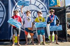 L to R: Miguel Tudela (PER) in fourth, Jack Robinson (AUS) in first, Finn McGill (HAW) in second and Bino Lopes (BRA) in third. Image: WSL/Freesurf/Heff