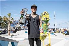 Nyjah Huston at the top of the SLS Nike SB Pro Open podium in Barcelona