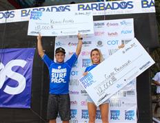 Keanu Asing (HAW) and Claire Bevilacqua (AUS) claim inaugural Barbados Surf Pro QS3,000, at Drill Hall Beach, Barbados, Sunday, April 16, 2017. Photo credit: WSL/Nichols